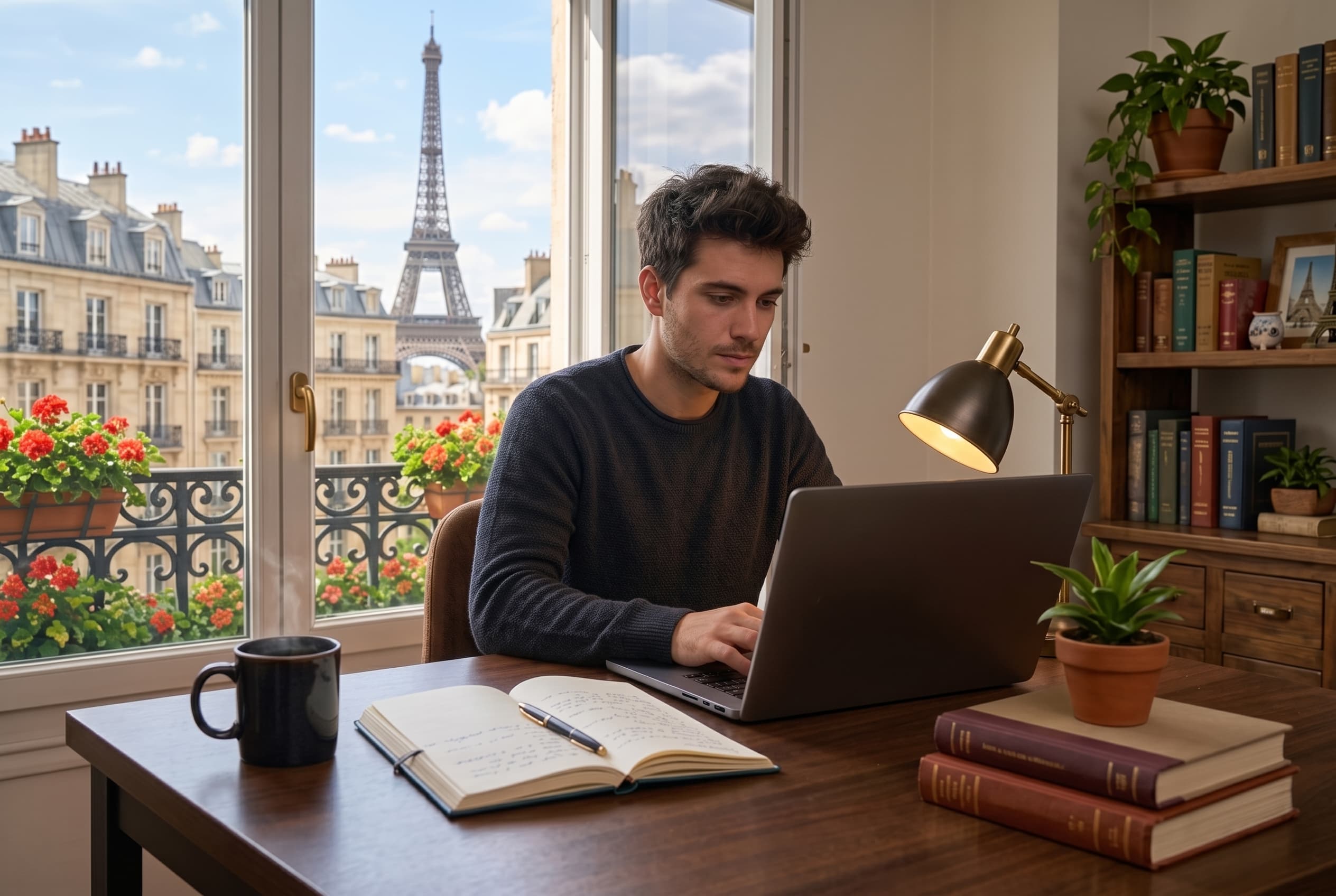 A man working on his laptop at a desk in a Paris apartment with the Eiffel Tower visible through the window.